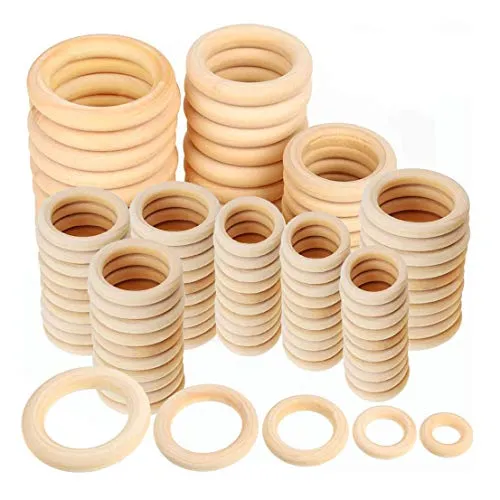 100 PCS 5 Sizes Natural Wood Rings, Unfinished Smooth Wooden Ring, Wood Circles forCraft, Ring Pendant and Connectors Jewelry Making (100pcs-5 Sizes)