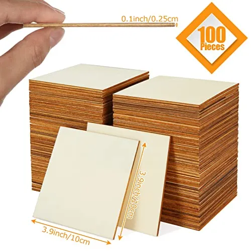 100 Pieces 4x4 Inch Wood Squares Unfinished Basswood Plywood Wooden Sheets 1/8 inch Thick Blank Wood Squares for Crafts Painting Scrabble Tiles Mini