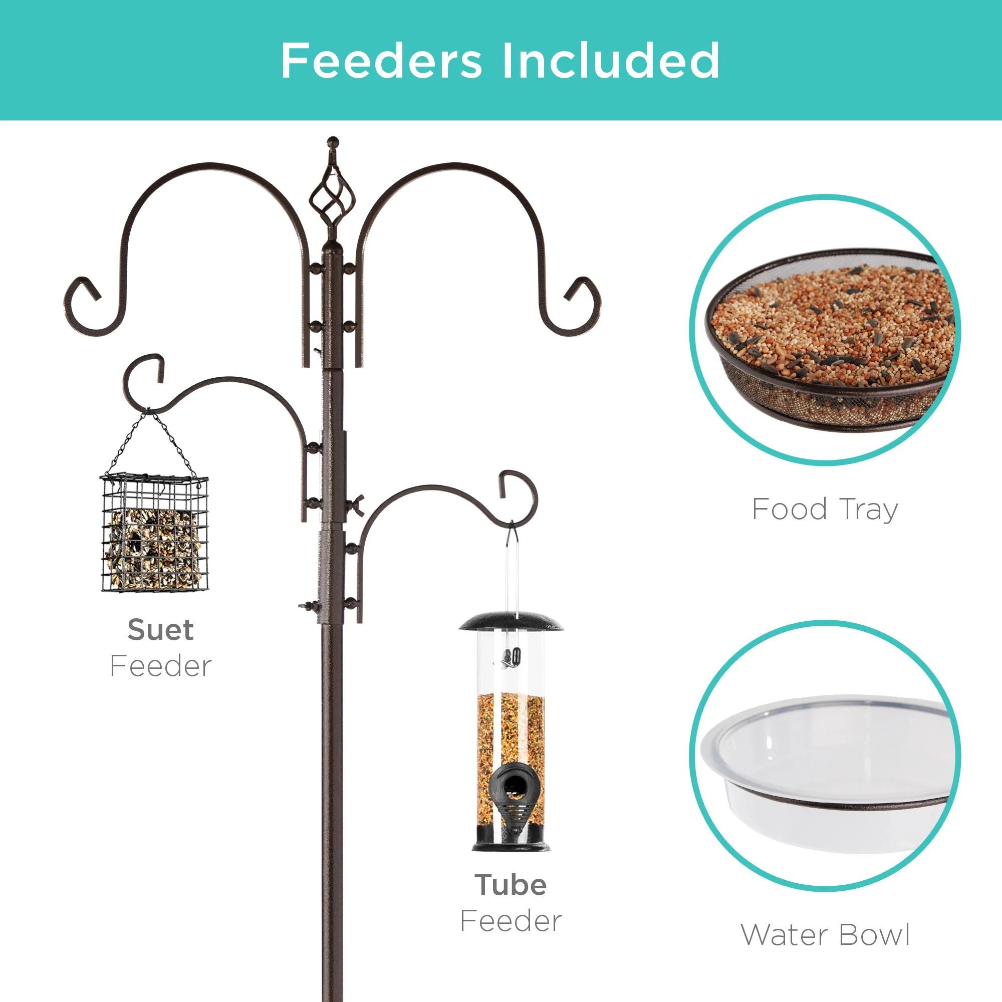 4-Hook Bird Feeding Station, Steel Feeder Stand w/ 2 Bird Feeders - 91in