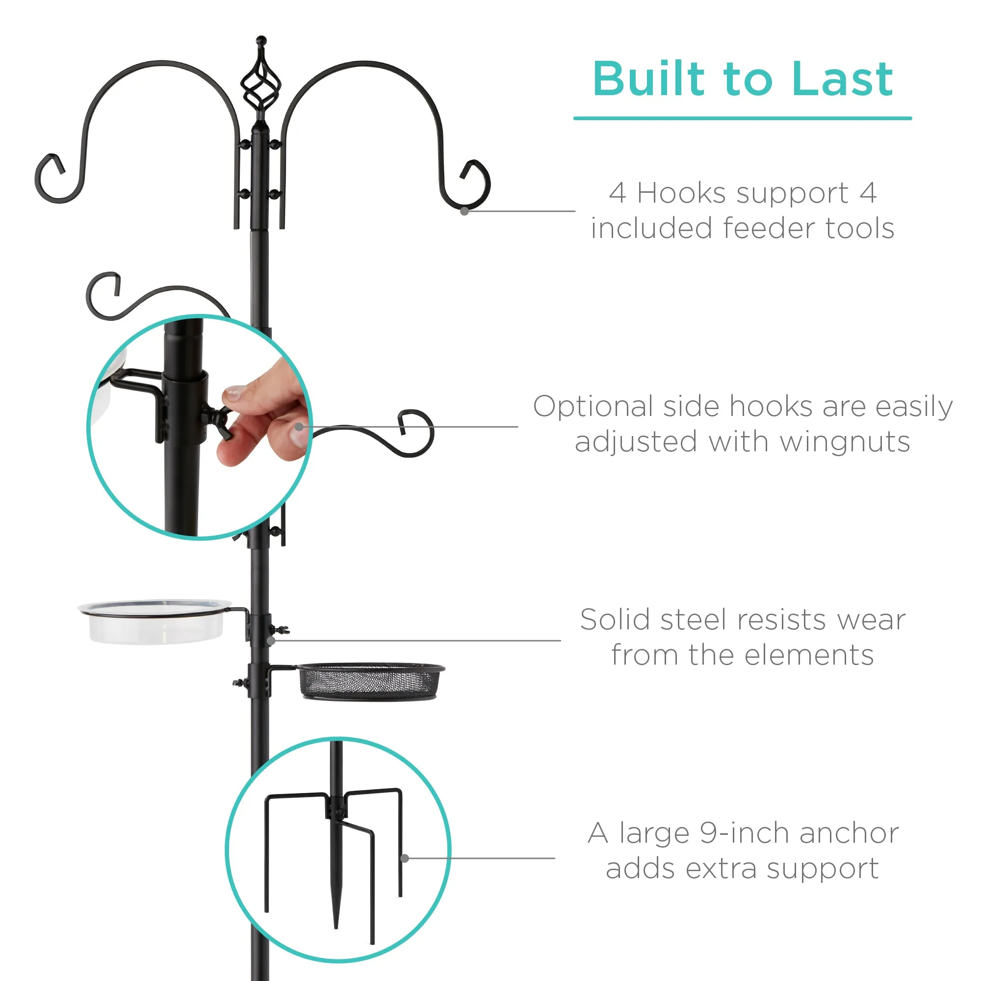 4-Hook Bird Feeding Station, Steel Feeder Stand w/ 2 Bird Feeders - 91in