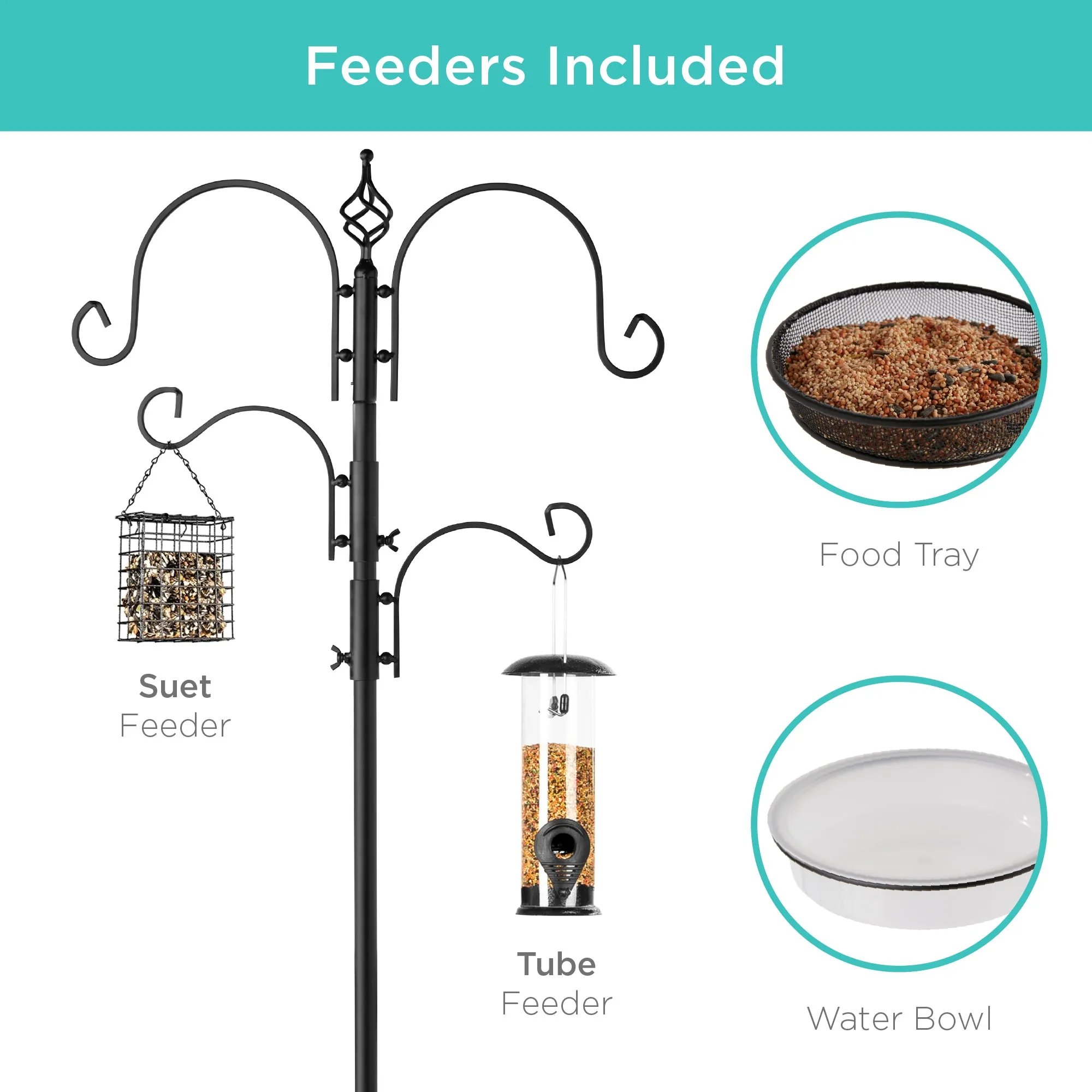 4-Hook Bird Feeding Station, Steel Feeder Stand w/ 2 Bird Feeders - 91in