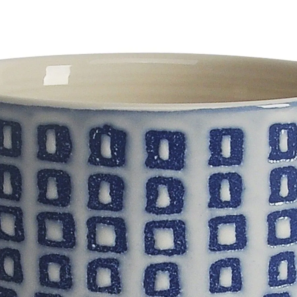 5 Inch Ceramic Planter, Saucer, Round, Square Pattern, White and Blue By Casagear Home