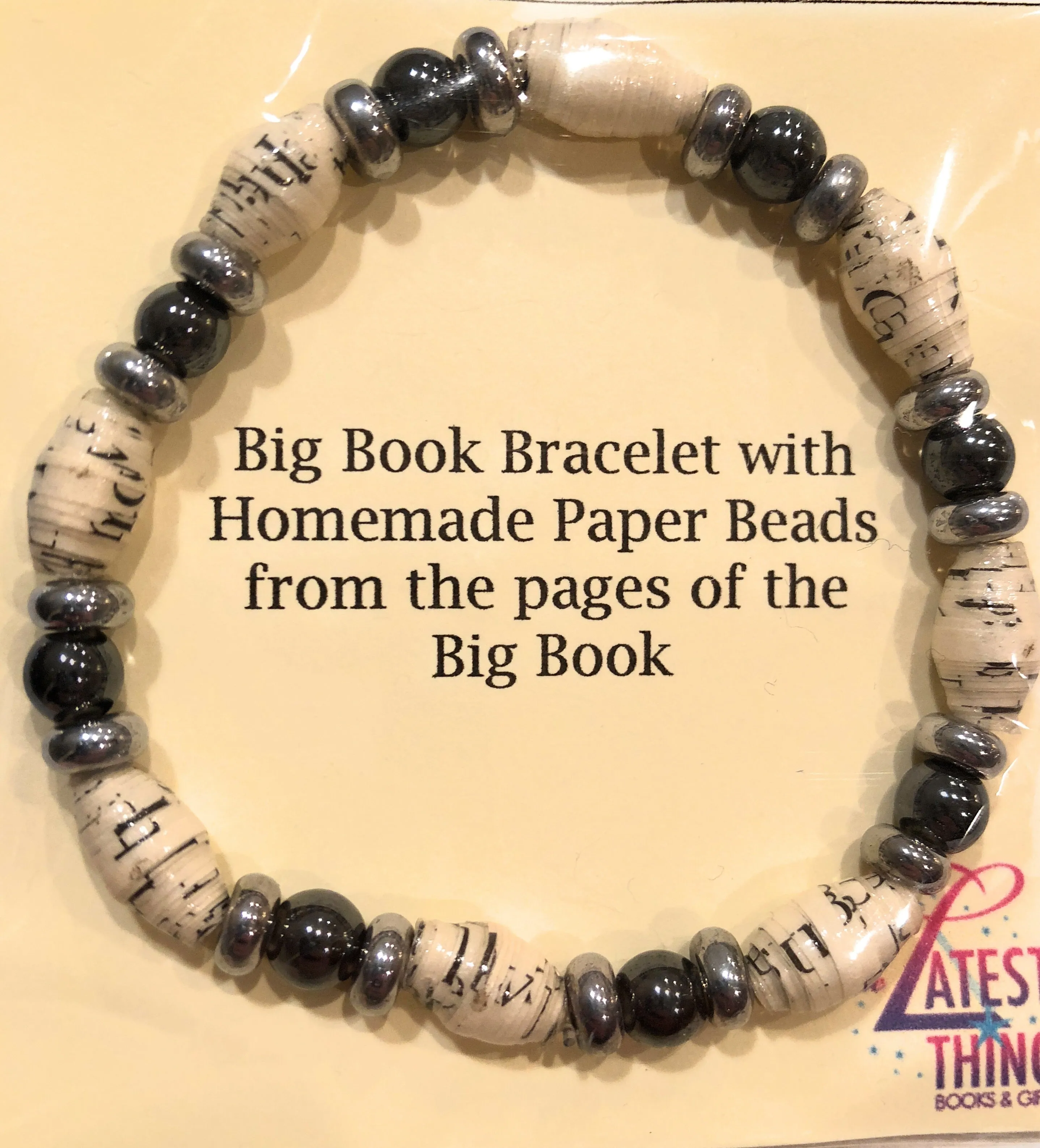 AA Big Book Bracelet Black & Silver Beads Made From Real Pages From The Big Book