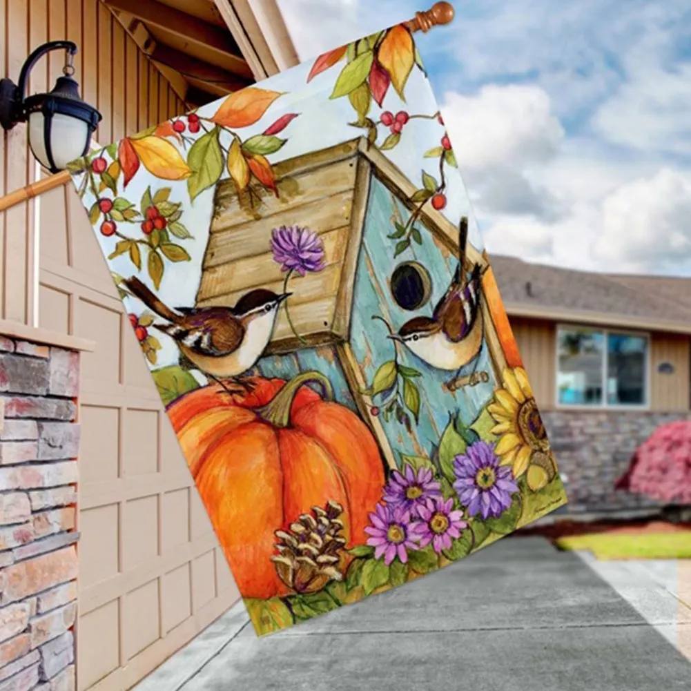 Autumn Birdhouse Chickadees House Flag