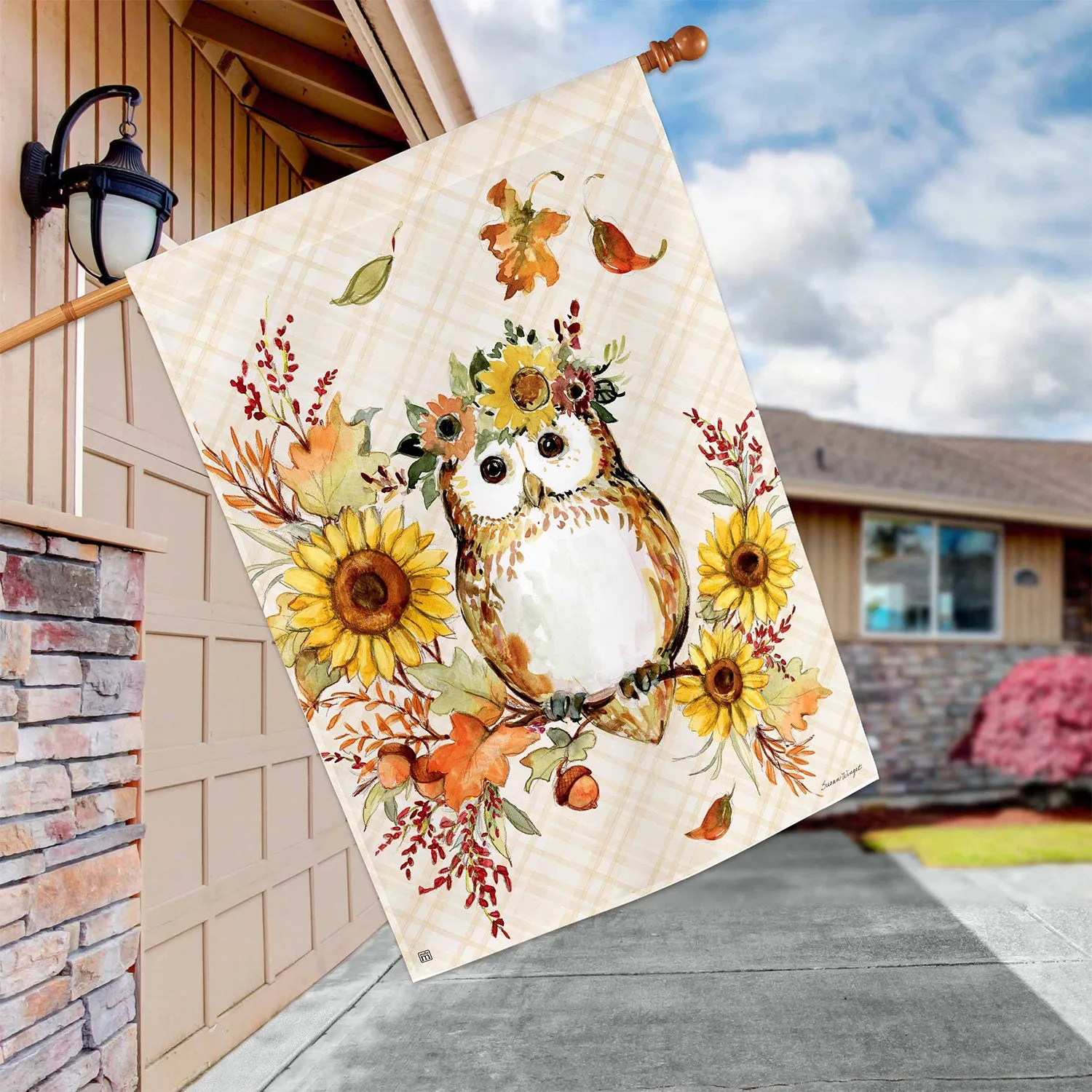 Autumn Owl Floral House Flag