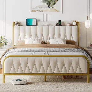 Bed Frame with Type-C & USB Port, Metal Platform Beds, with Linen Upholstered Headboard & Footboard, 12" Underbed Storage Space