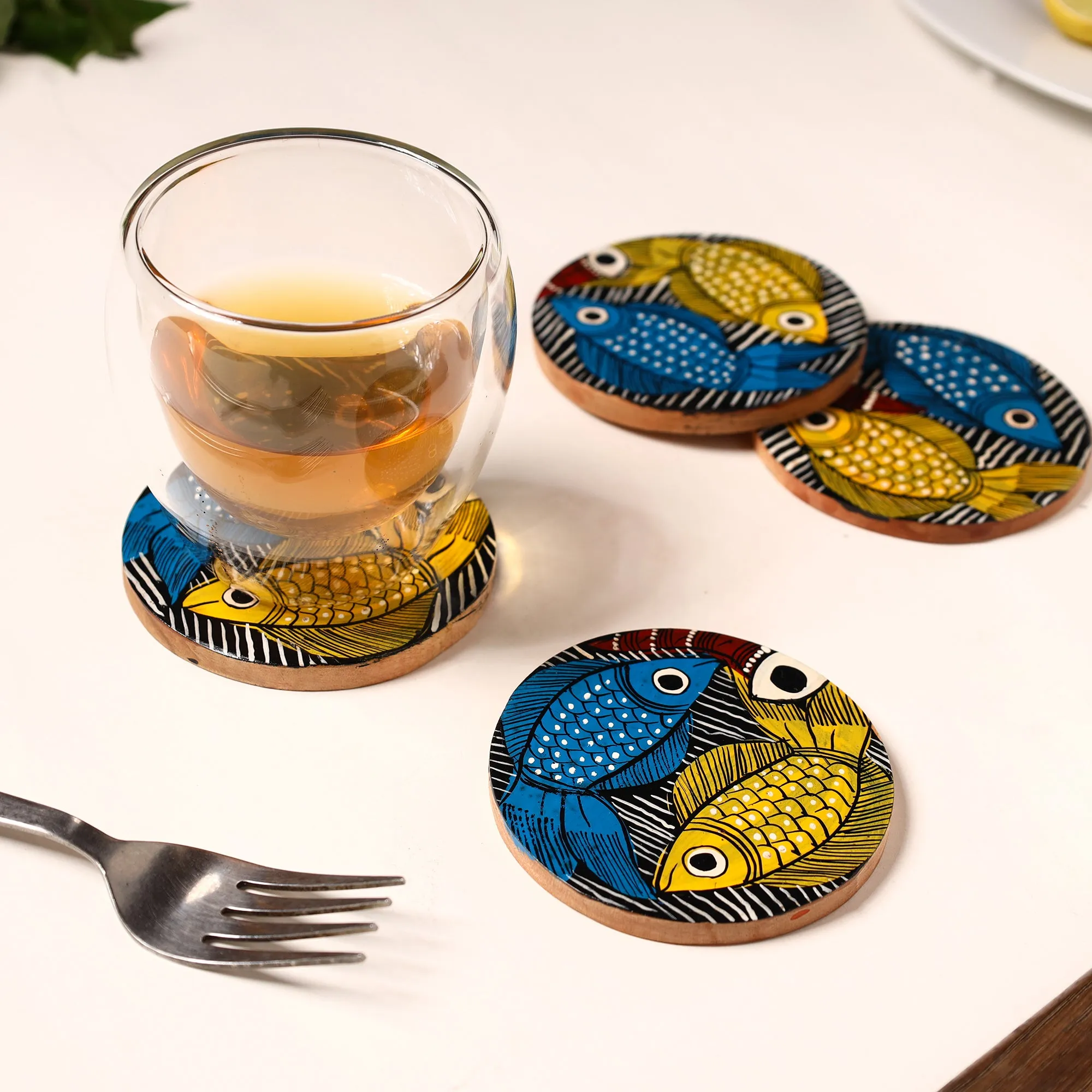 Bengal Patua Handpainted Akashmoni Wooden Coasters (Set of 4) 36