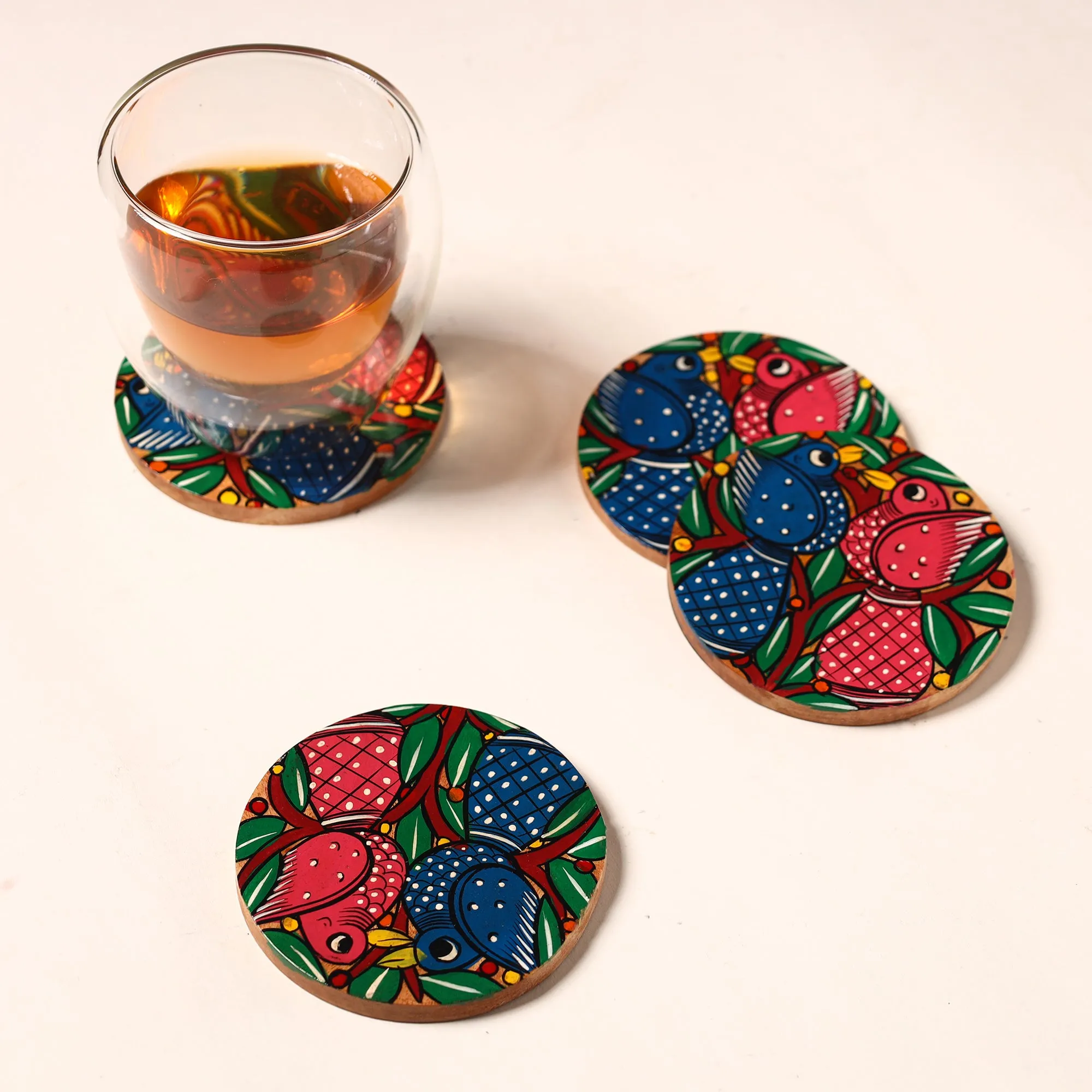 Bengal Patua Handpainted Akashmoni Wooden Coasters (Set of 4) 44