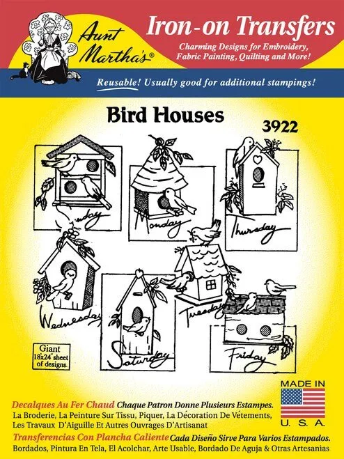 Birdhouses, 3922, Aunt Martha's®, Vintage Embroidery, Transfer Pattern, Hot Iron Transfers, Unopened Transfers, Birdhouse to Embroider