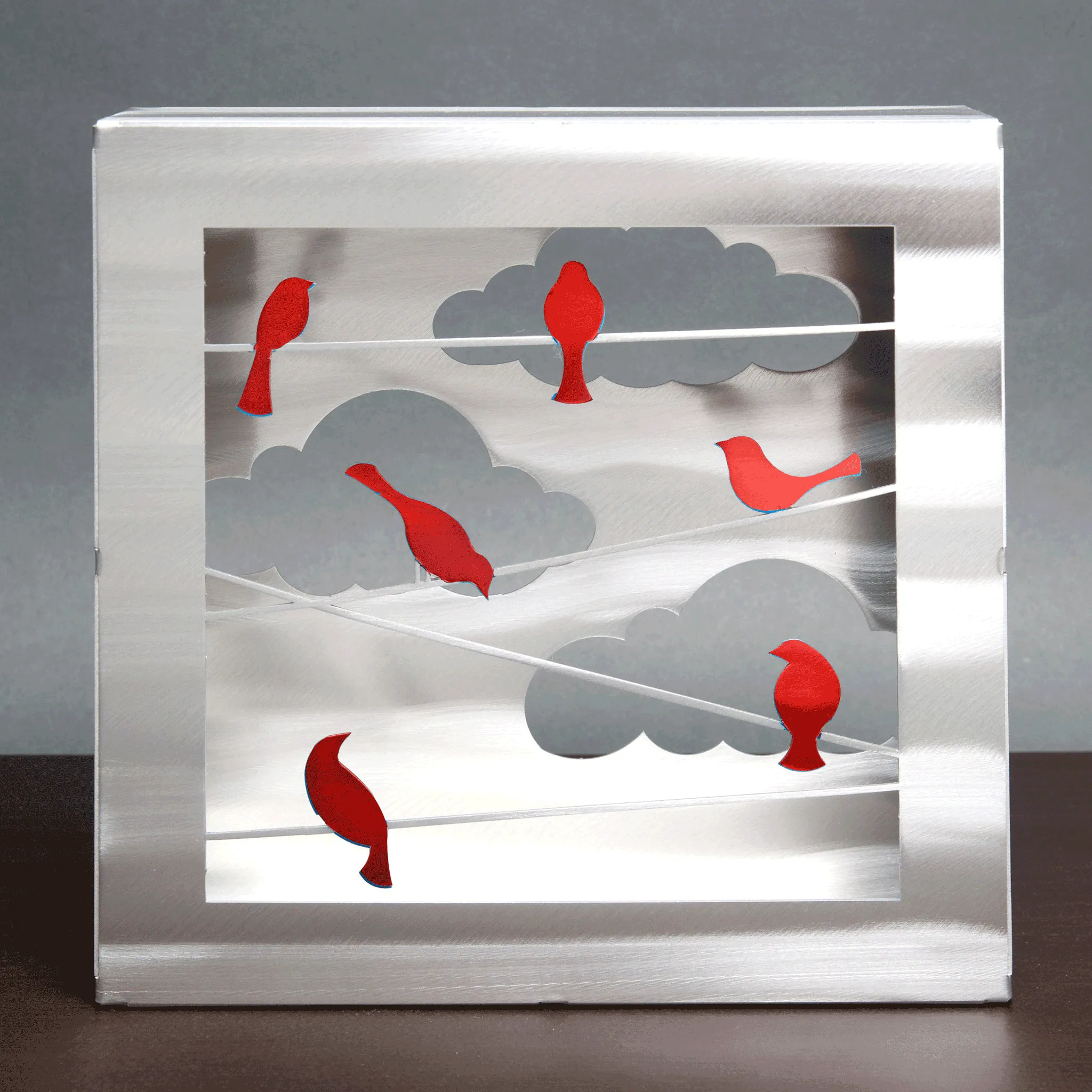 Birds on A Wire in Red or Blue Box Table Art Hand Painted Brushed Aluminum Table Sculpture, Metal Petal Art by Sondra Gerber