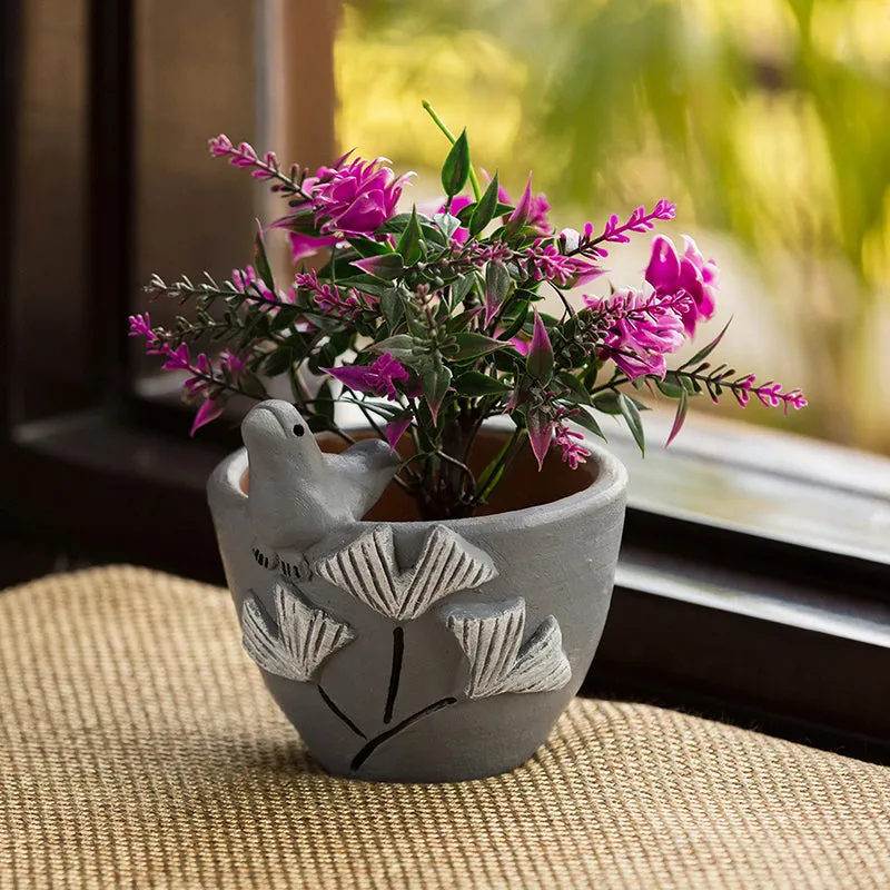 'Blooming Birdie' Handmade & Hand-painted Planter Pot In Terracotta (11.4 cm)