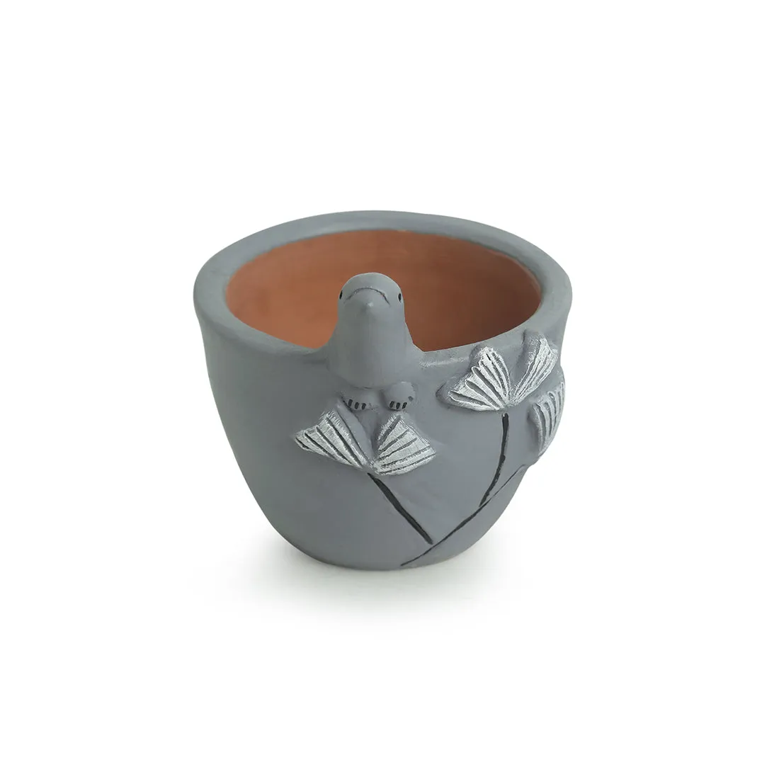 'Blooming Birdie' Handmade & Hand-painted Planter Pot In Terracotta (11.4 cm)