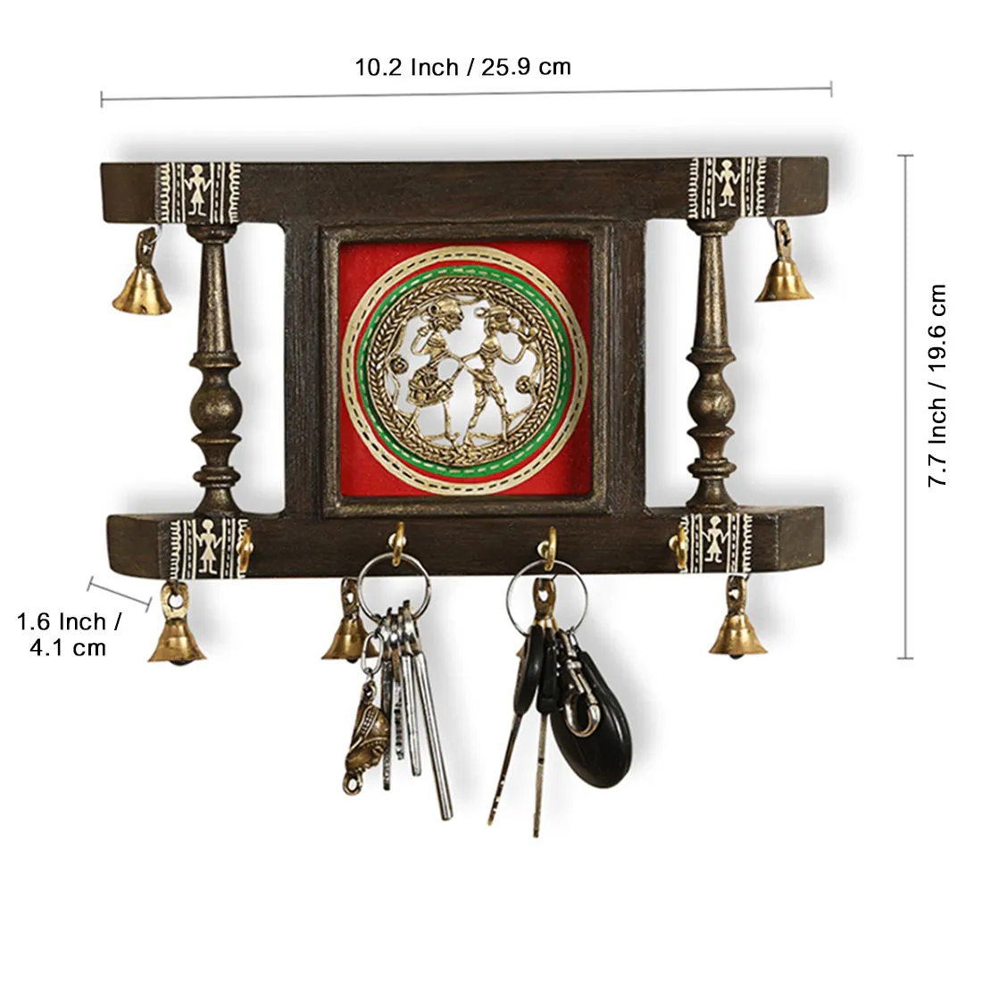 'Brass People On Teak Wood' Warli Handpainted Key Holder with Dhokra Art (4 Hooks)