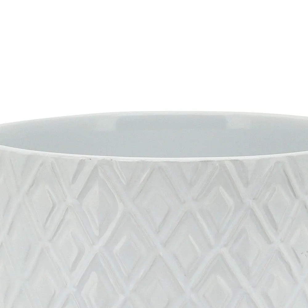 Ceramic Planter with Diamond Pattern and Wooden Stand, Small, White By Casagear Home