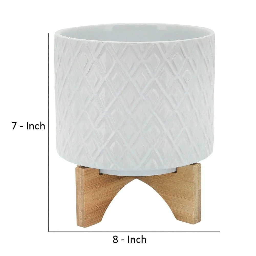 Ceramic Planter with Diamond Pattern and Wooden Stand, Small, White By Casagear Home