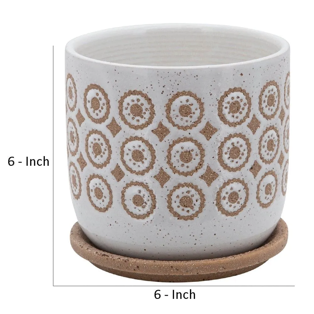 Ceramic Planter with Floral Motif Pattern and Saucer, Beige and White By Casagear Home