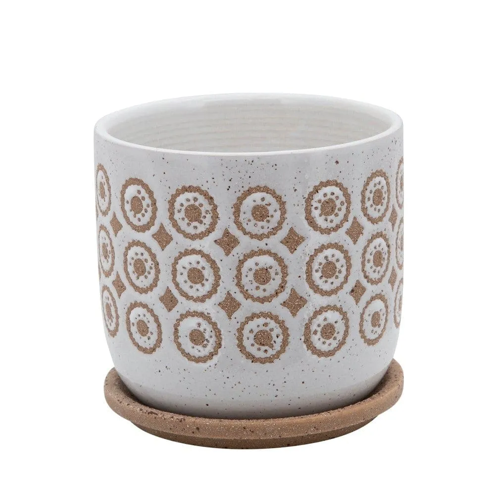 Ceramic Planter with Floral Motif Pattern and Saucer, Beige and White By Casagear Home