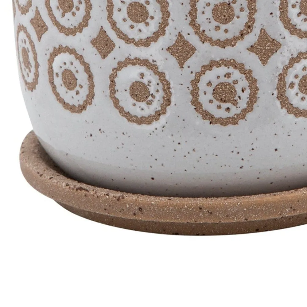 Ceramic Planter with Floral Motif Pattern and Saucer, Beige and White By Casagear Home