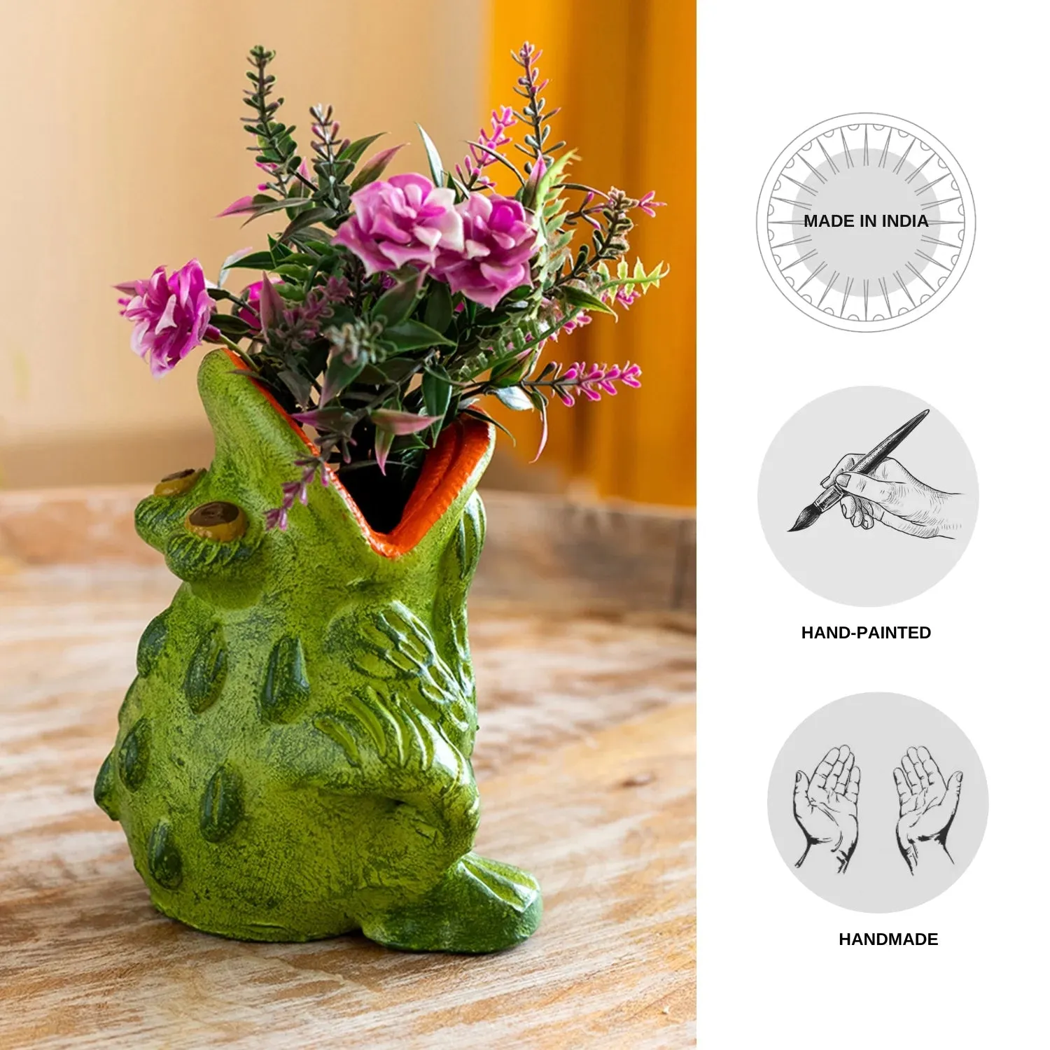 'Croaking Frog' Handmade & Hand-Painted Terracotta Table Planter Flower Pot (15 cm, Green)