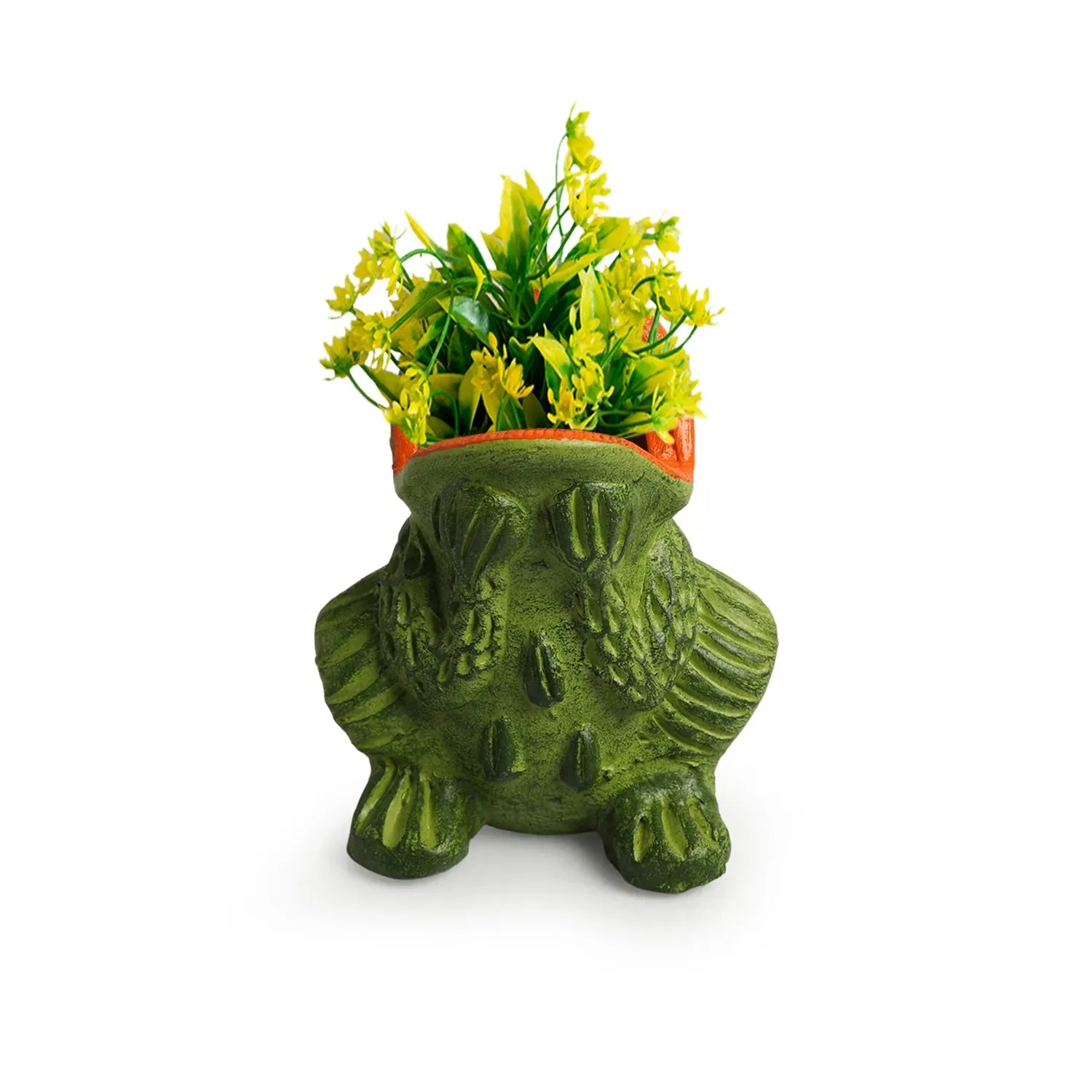 'Croaking Frog' Handmade & Hand-Painted Terracotta Table Planter Flower Pot (15 cm, Green)