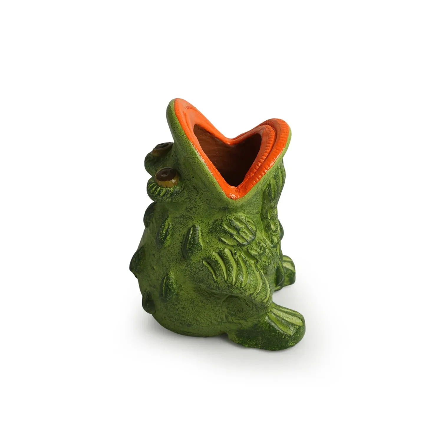 'Croaking Frog' Handmade & Hand-Painted Terracotta Table Planter Flower Pot (15 cm, Green)