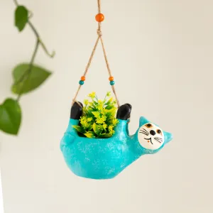 'Cuddling Koala' Hanging Planter Pot In Terracotta (16 cm, Handmade & Hand-Painted, Blue)