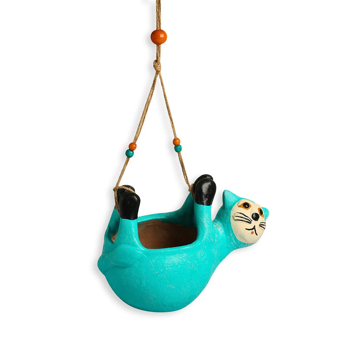 'Cuddling Koala' Hanging Planter Pot In Terracotta (16 cm, Handmade & Hand-Painted, Blue)