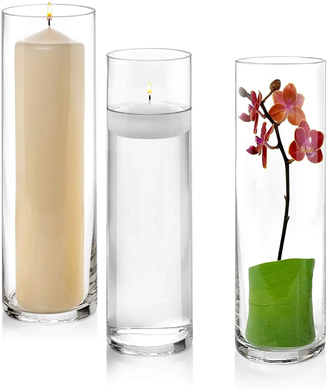 Cylinder Vases 9 Inch Tall X 3 Inch Round - Multi-use: Table top Pillar Candle, Floating Candles Holders or Flower Vase Cylinder Vase- Pack of 2Pcs