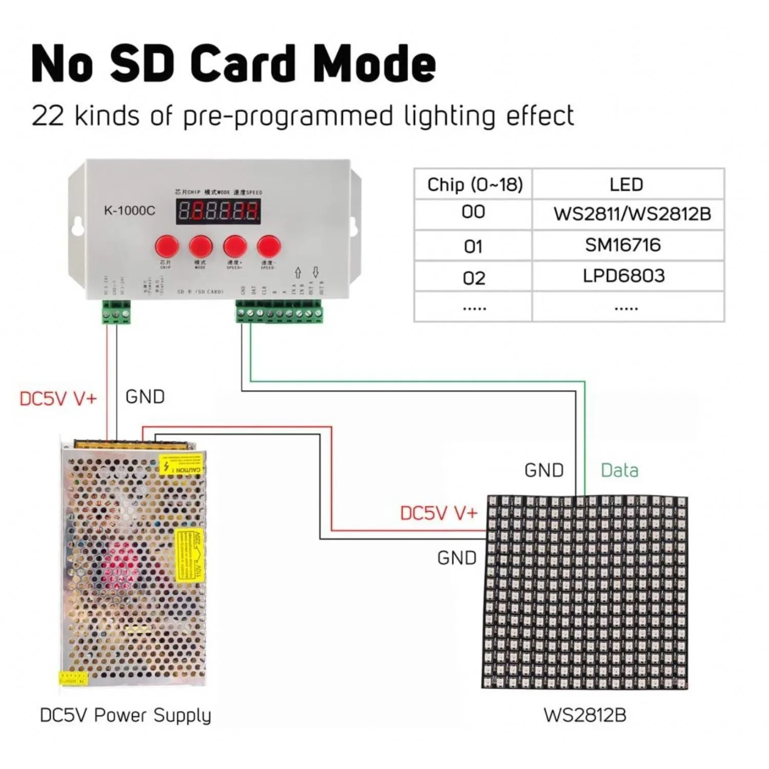 Digital RGB Pixel Controller K-1000C (T-1000S Updated) WS2812B WS2815 SK6812 WS2811 WS2801 LED Strip LED Matrix LED String 1536 Pixels Controller DC5-24V Addressable Programmable Controller with SD Card