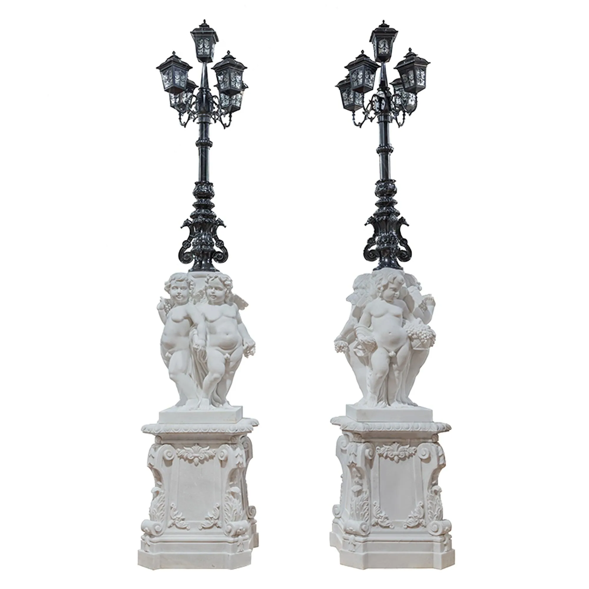 FINEST  A Pair White Cherub Lamp Post Marble Sculpture FM-017