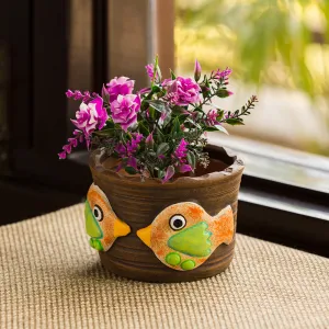 'Fish Florets' Handmade & Hand-painted Planter Pot In Terracotta (10.2 cm)