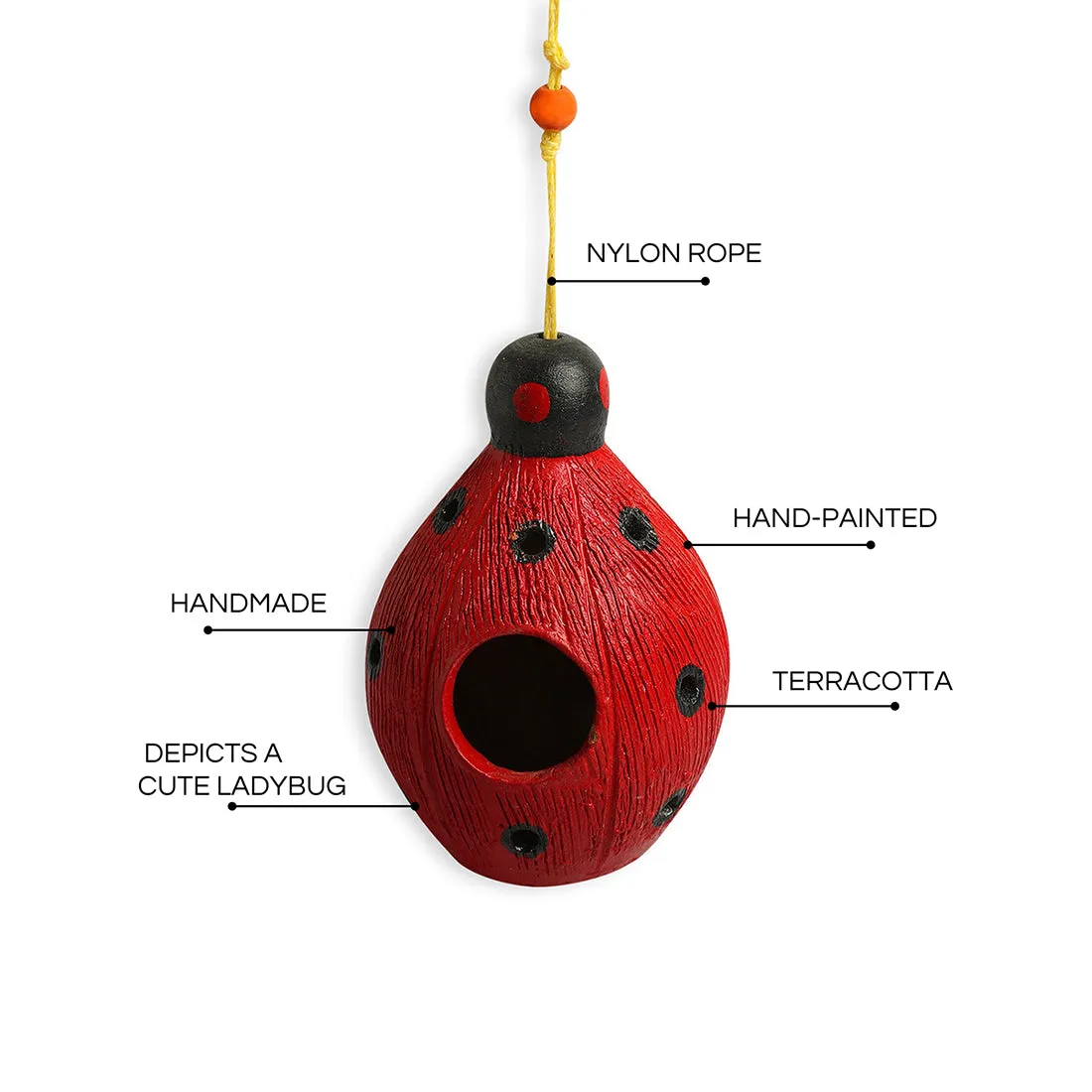 'Flapping Ladybug' Handmade & Hand-painted Terracotta Bird House (19.6 cm, Red)