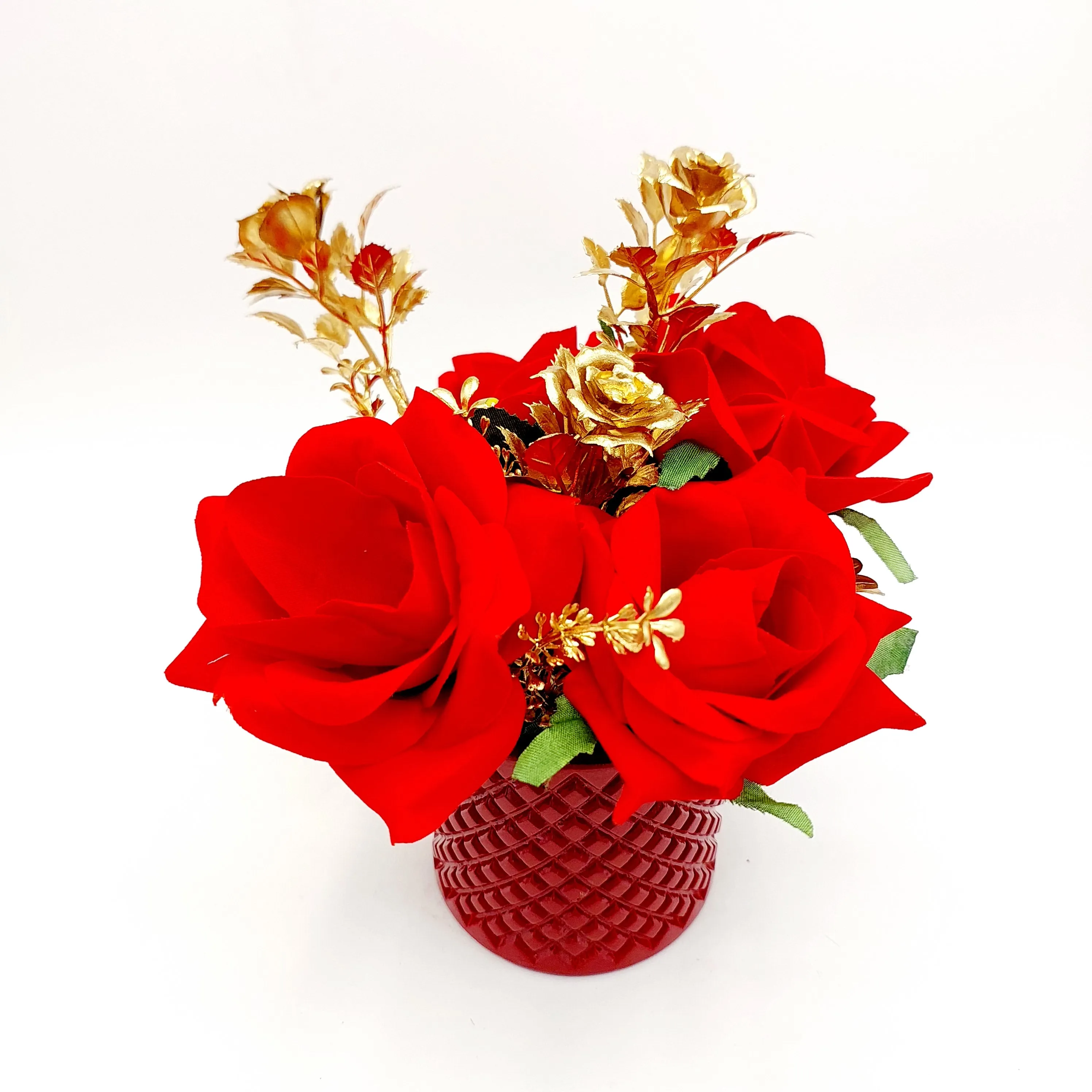 Flowers With Pots -Red & Golden Rose With Cherry Red Pots - Bricks Design