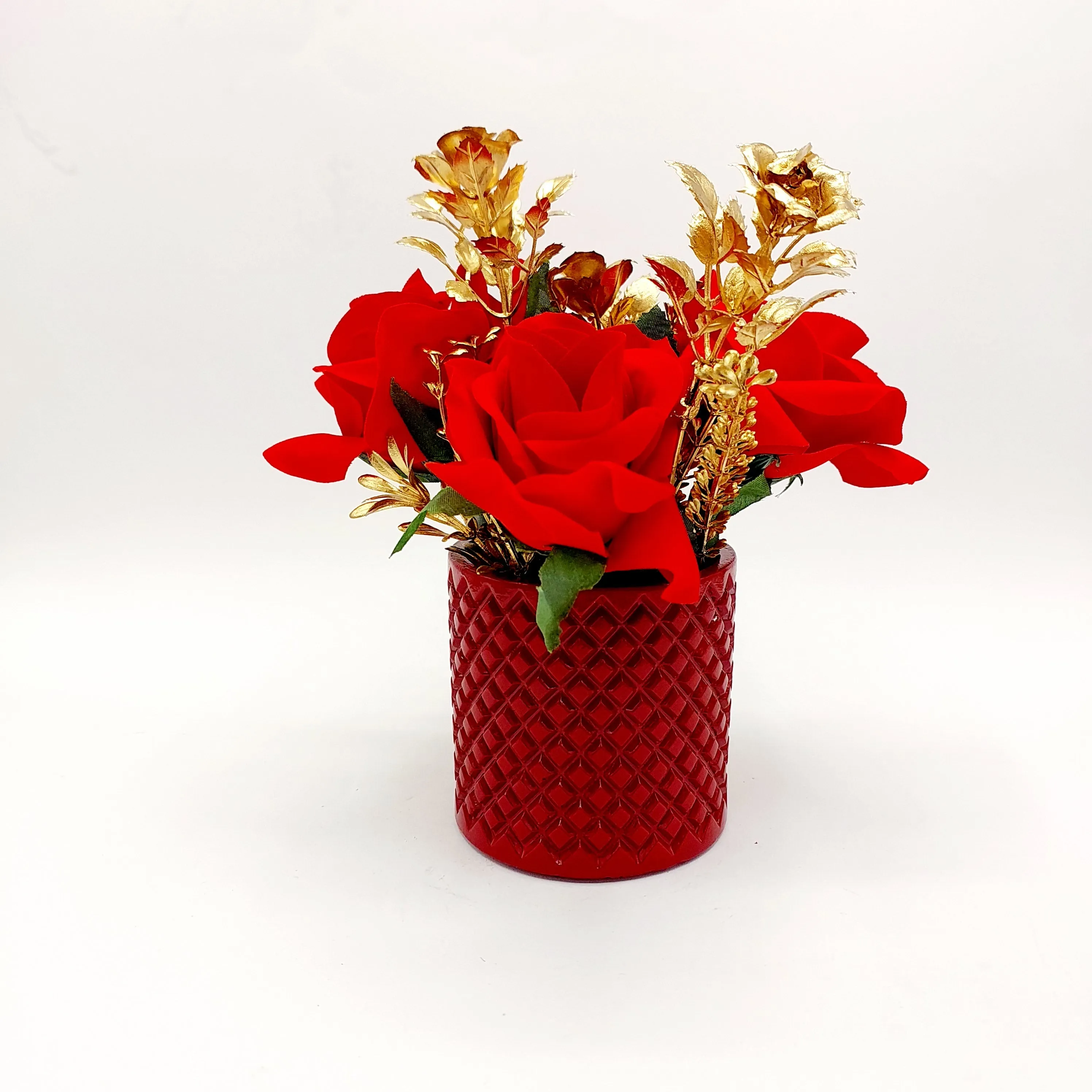 Flowers With Pots -Red & Golden Rose With Cherry Red Pots - Bricks Design