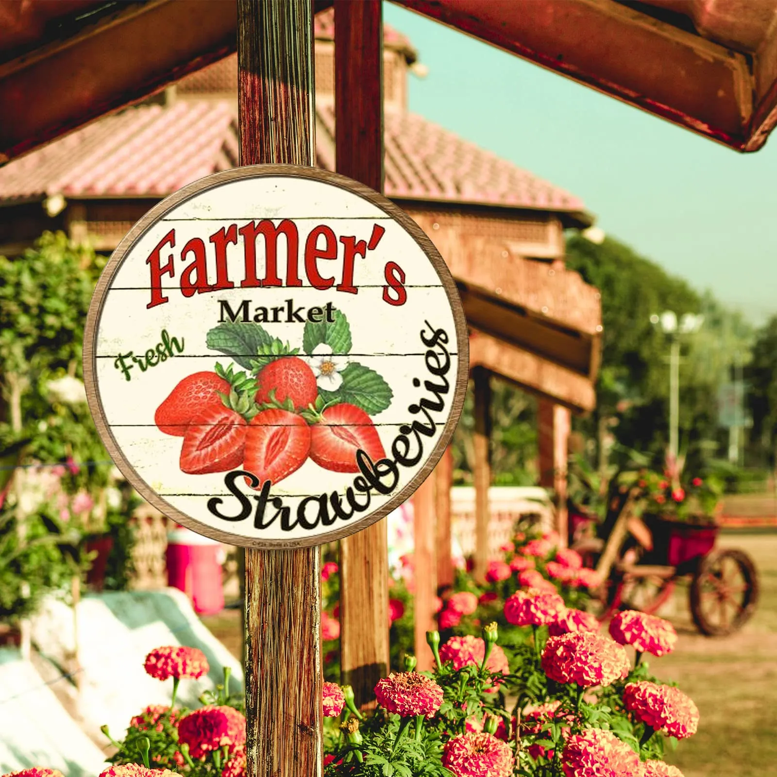 Garden Sign and Farmhouse Decor Farmers Market Strawberries 12" Metal Circle Sign