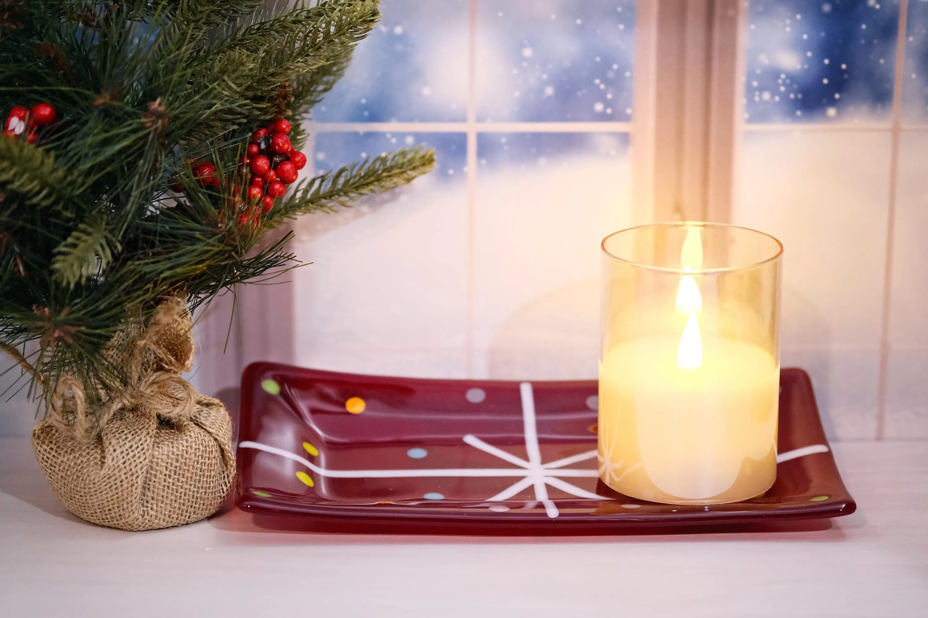 Handcrafted clear red Christmas present looking Fused Glass Serving Plate10 Inch by 5 inch . housewarming, wedding, couple's unique gift