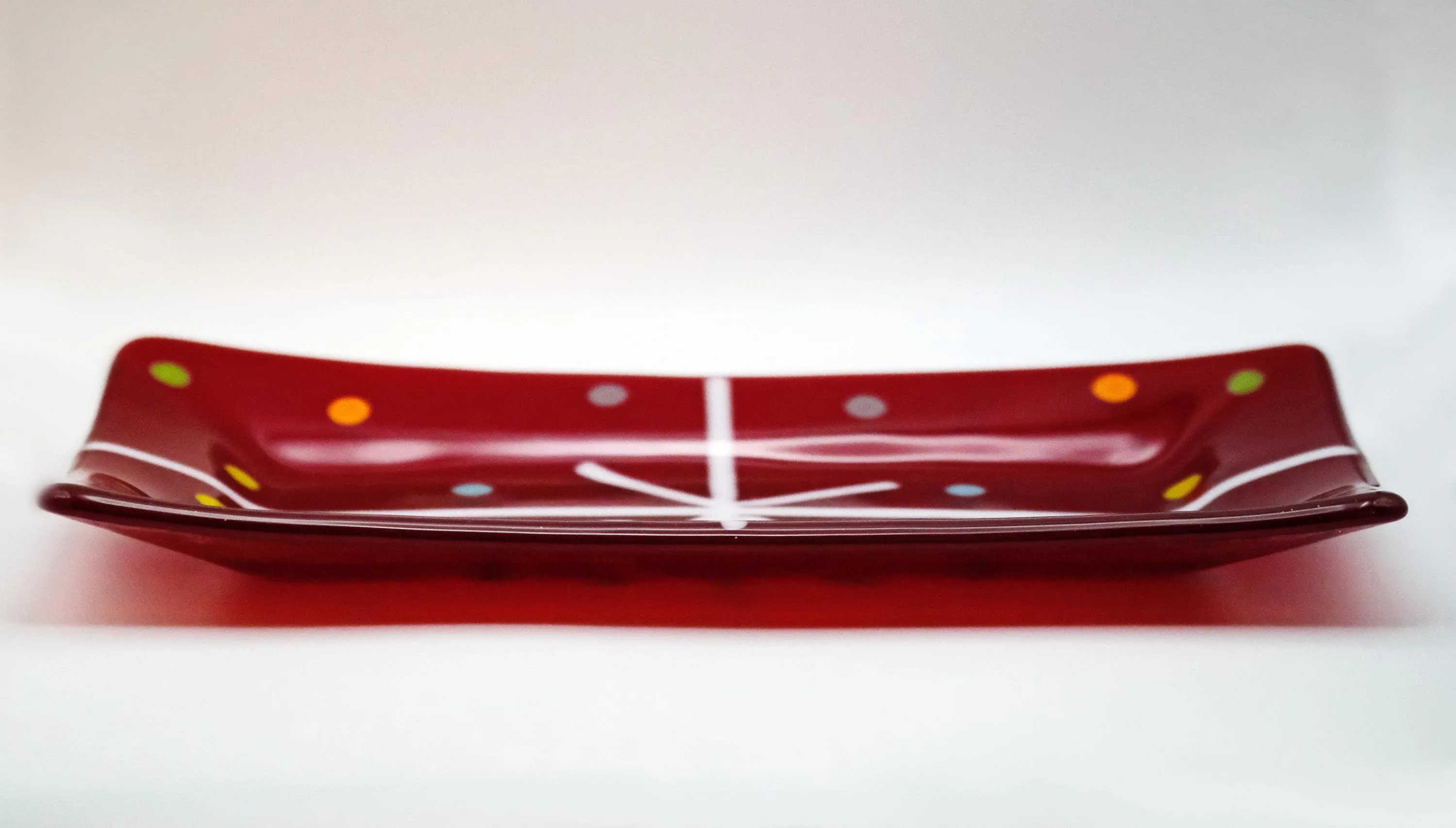 Handcrafted clear red Christmas present looking Fused Glass Serving Plate10 Inch by 5 inch . housewarming, wedding, couple's unique gift