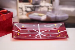 Handcrafted clear red Christmas present looking Fused Glass Serving Plate10 Inch by 5 inch . housewarming, wedding, couple's unique gift