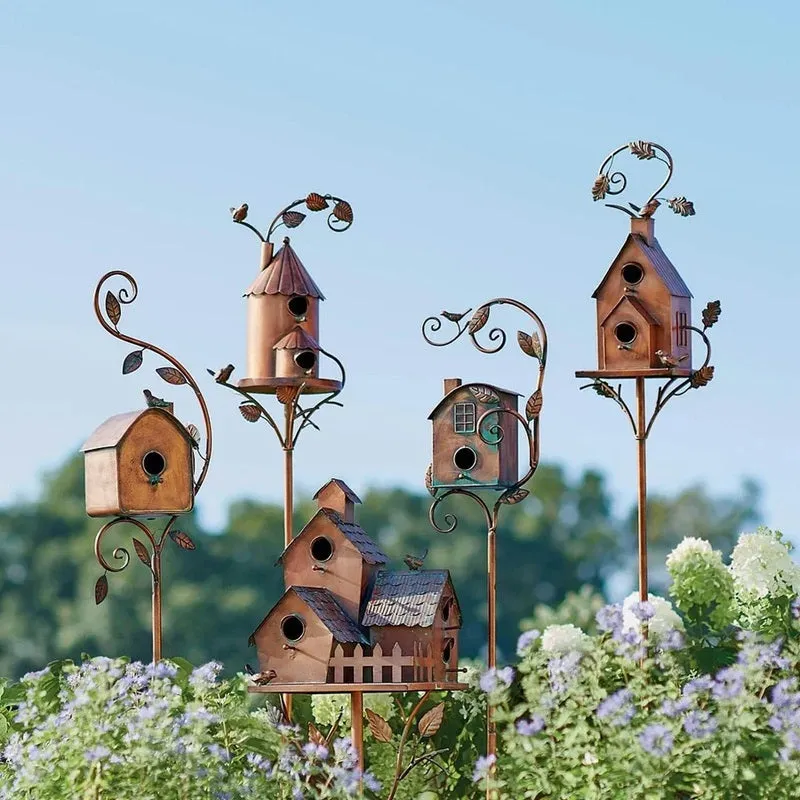 Handmade Metal Birdhouse Garden Stakes