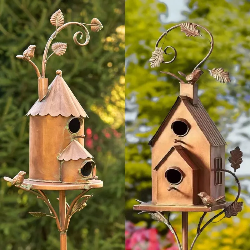 Handmade Metal Birdhouse Garden Stakes