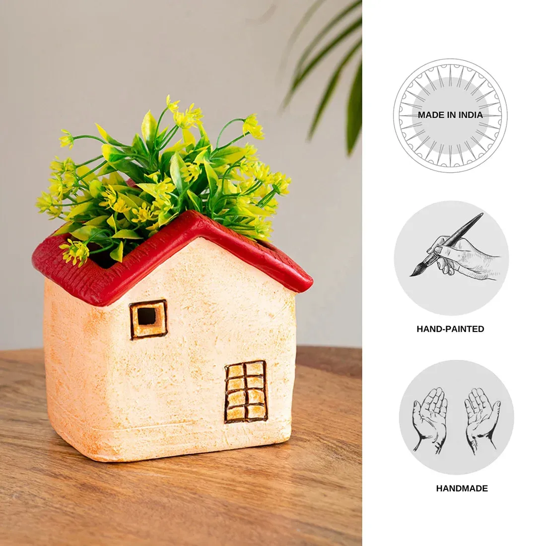 'Homely Cottage' Handmade & Hand-Painted Terracotta Table Planter Flower Pot (14.5 cm, Peach)