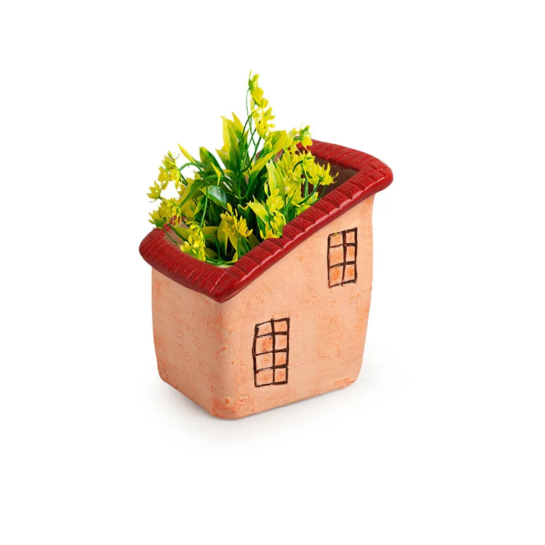 'Homely Cottage' Handmade & Hand-Painted Terracotta Table Planter Flower Pot (15.5 cm, Peach)