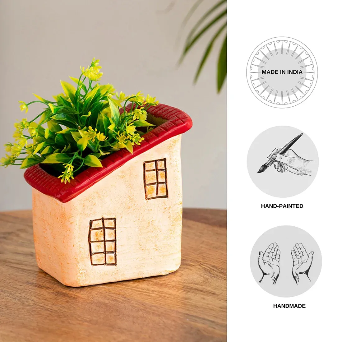 'Homely Cottage' Handmade & Hand-Painted Terracotta Table Planter Flower Pot (15.5 cm, Peach)