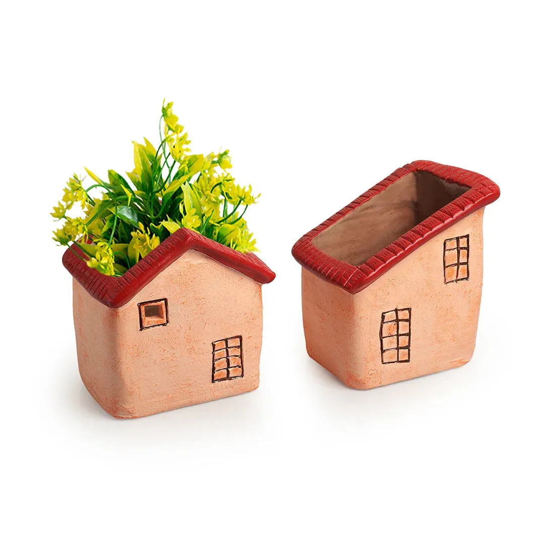 'Homely Cottages' Handmade & Hand-Painted Terracotta Table Planters Flower Pots (Set of 2, 15.5 & 14.5 cm, Peach)