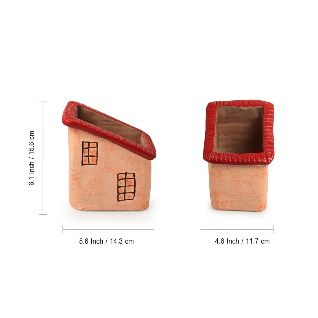 'Homely Cottages' Handmade & Hand-Painted Terracotta Table Planters Flower Pots (Set of 2, 15.5 & 14.5 cm, Peach)