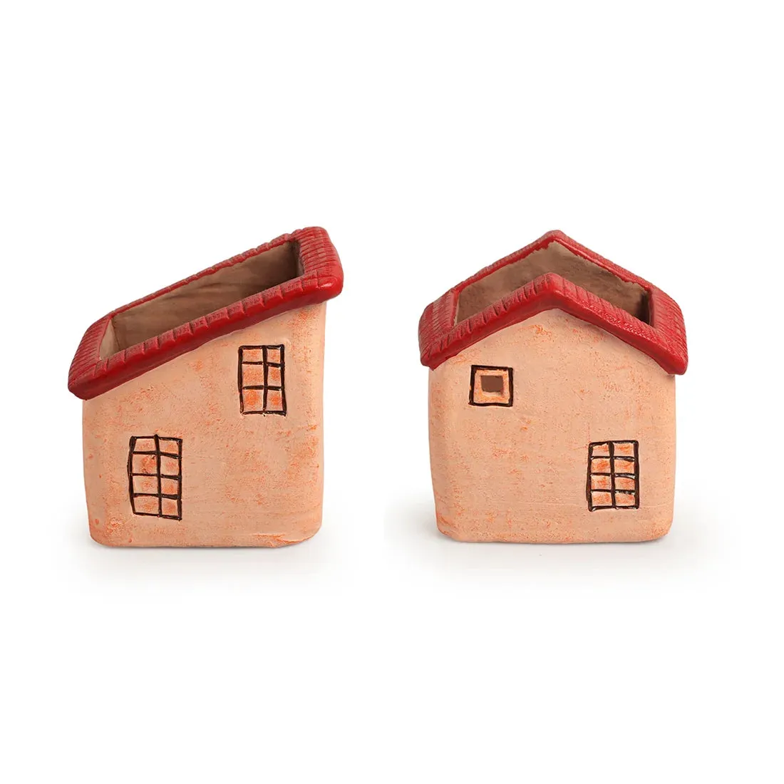 'Homely Cottages' Handmade & Hand-Painted Terracotta Table Planters Flower Pots (Set of 2, 15.5 & 14.5 cm, Peach)