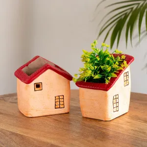 'Homely Cottages' Handmade & Hand-Painted Terracotta Table Planters Flower Pots (Set of 2, 15.5 & 14.5 cm, Peach)