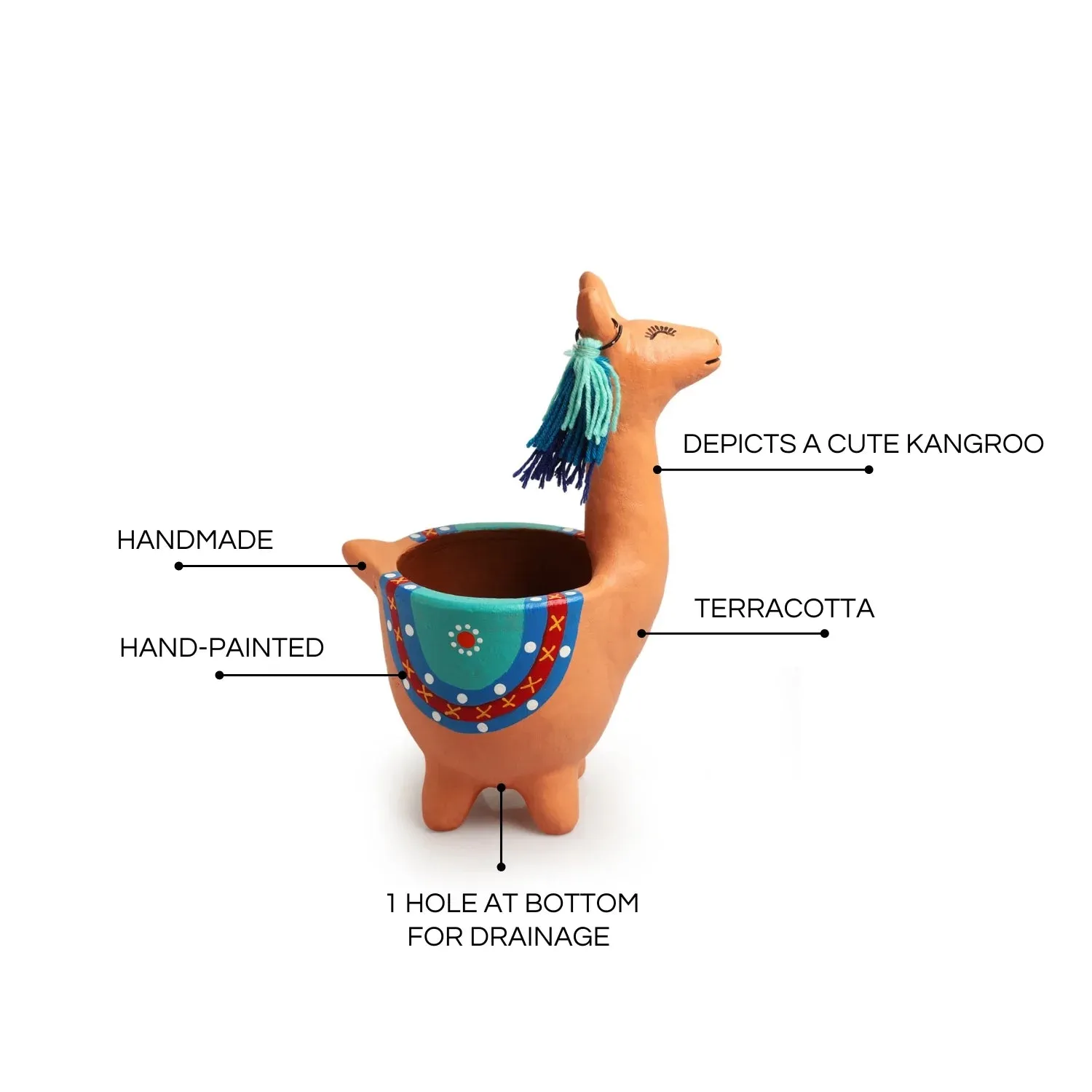 'Hopping Kangaroo' Handmade & Hand-Painted Terracotta Table Planter Flower Pot (28.7 cm, Peach)