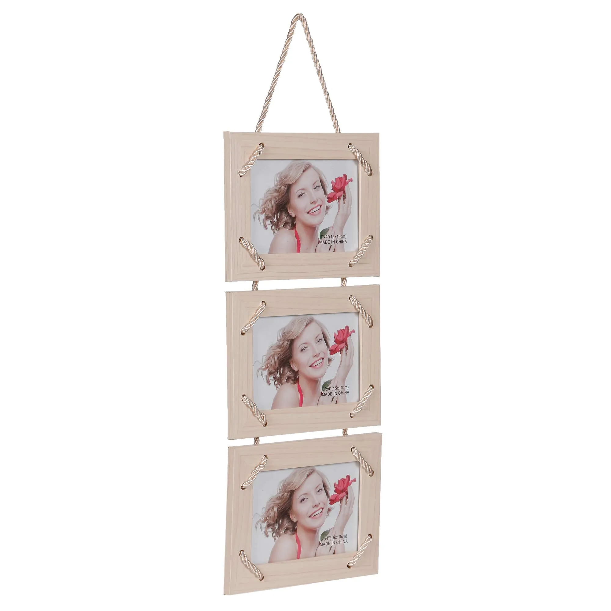 Jamboree!!! Hanging Picture Frames Vertical Wood Frames Display 4x6 Inch Photos on Hanging Rope, Rustic Solid Photo Frame for Wall Decor, White, Set of 3