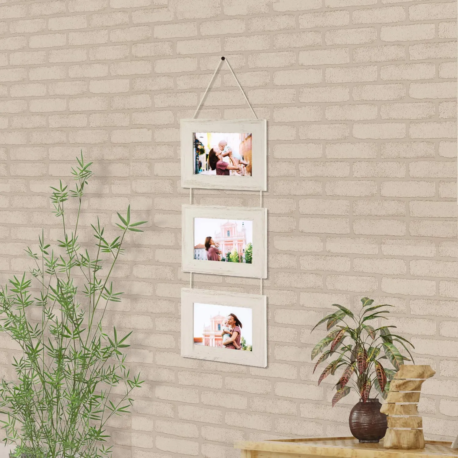 Jamboree!!! Hanging Picture Frames Vertical Wood Frames Display 4x6 Inch Photos on Hanging Rope, Rustic Solid Photo Frame for Wall Decor, White, Set of 3